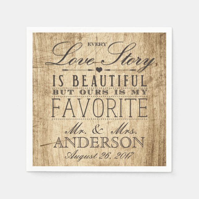 Barn Wood Kärlek Story Rustic Bröllop Napkin Pappersservett (Framsidan)