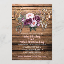 Barn Wood Lila Plum Peonies Antlers Bröllop Inbjudningar