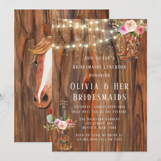 Barn Wood Ljus Boots Bridesmaids Luncheon Inbjudningar (Fram/baksida)
