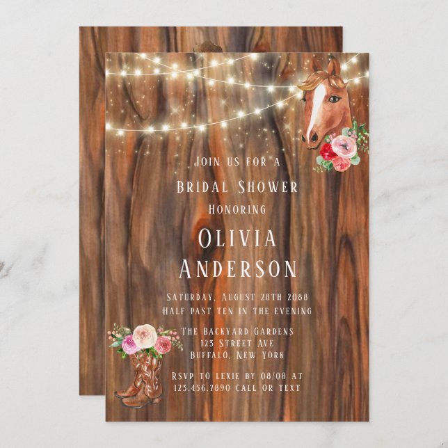 Barn Wood Ljus Boots Horse Möhippa Inbjudningar (Fram/baksida)