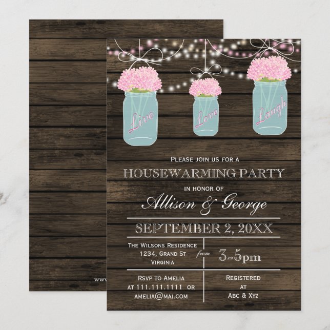 Barn wood Mason burk, rustik husuppvärmning Inbjudningar (Fram/baksida)