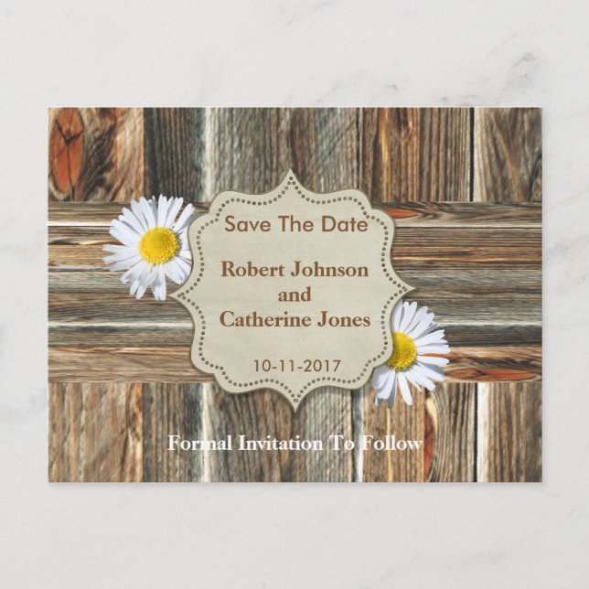 Barn Wood och Daisy Save The Date Meddelande Vykort (Framsida)