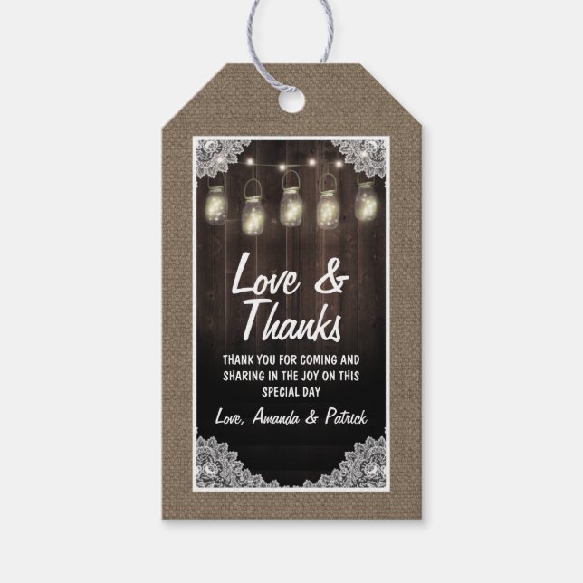 Barn Wood och Snöre Mason Burk Bröllop Tack Presentetikett (Framsidan)