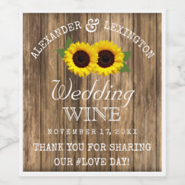 Barn Wood och Sunblommor Rustic Landsbyggsbröllop Vinflaska Etikett
