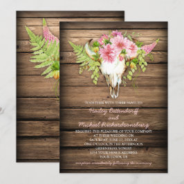 Barn Wood Rosa Flowers Cow Skull Horns Bröllop Inbjudningar