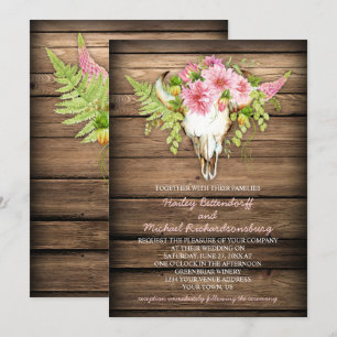Barn Wood Rosa Flowers Cow Skull Horns Bröllop Inbjudningar
