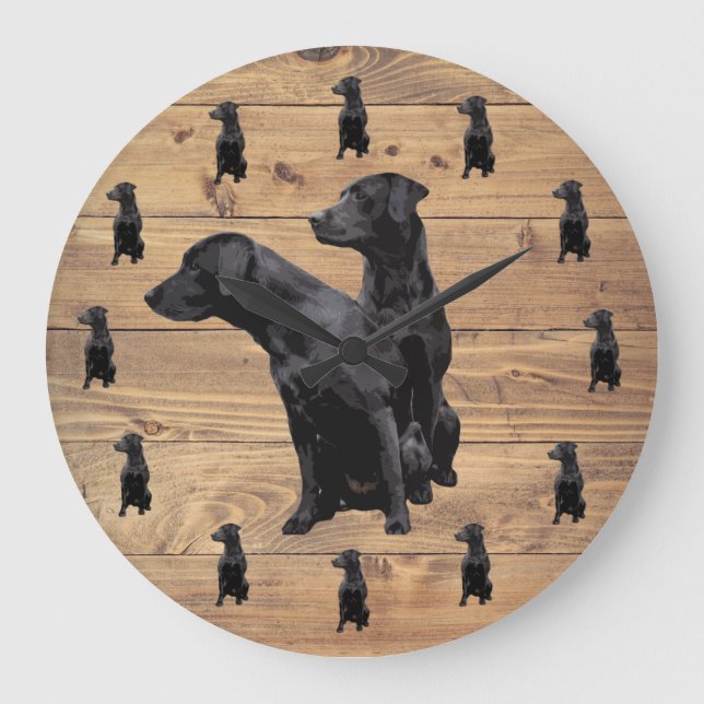 Barn Wood Rustic Black Labrador Retriever Stor Klocka (Framsida)