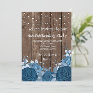 Barn Wood Rustic Blue Bouquet Houseuppvärmning Par Inbjudningar