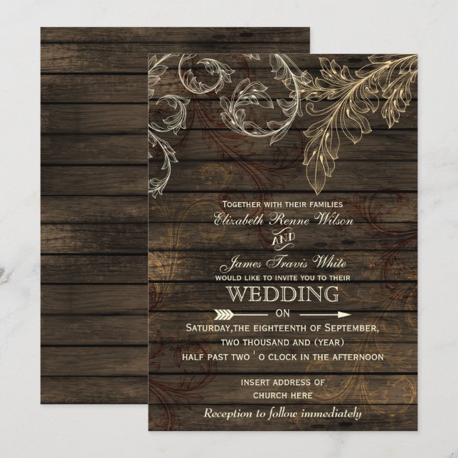 Barn wood Rustic flourish bröllopsinbjudningar Inbjudningar (Fram/baksida)