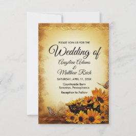 Barn Wood + Rustic Solros Bröllop Inbjudningar