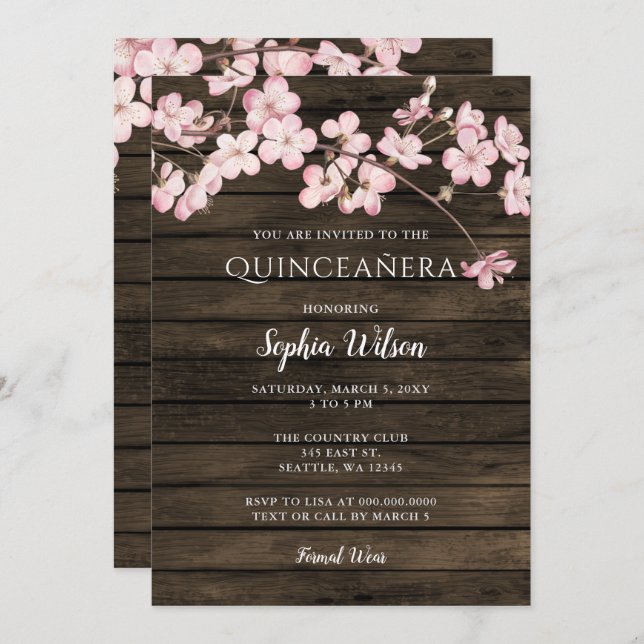 Barn Wood Sakura Rosa Cherry Blommars Quinceañera Inbjudningar (Fram/baksida)