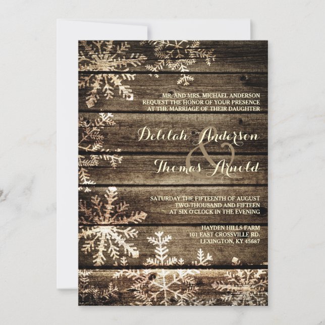Barn Wood Snöflingor Rustic Winter Wedding Inbjudningar (Framsida)