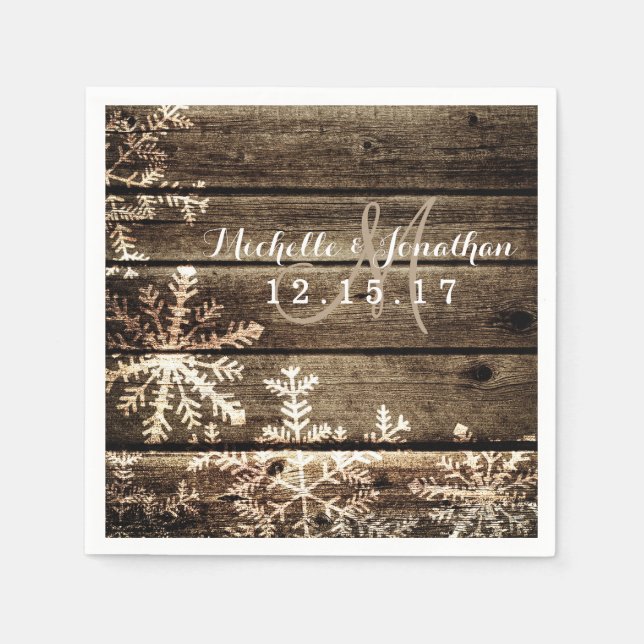 Barn Wood Snöflingor Rustic Winter Wedding Napkin Pappersservett (Framsidan)