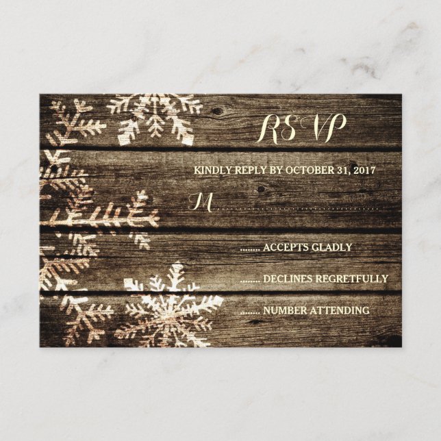 Barn Wood Snöflingor Rustic Winter Wedding OSA Kort (Framsida)