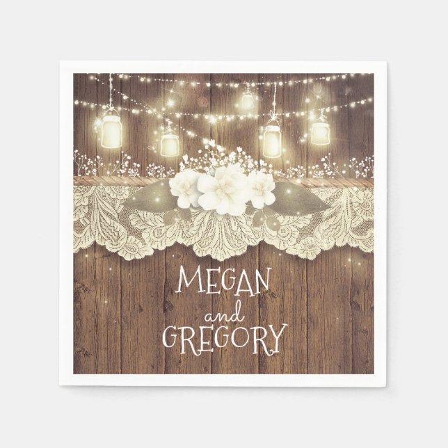 Barn Wood Snöre Ljus Mason Burk Rustic Bröllop Pappersservett (Framsidan)