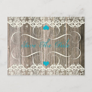 Barn Wood Snöre Teal Hearts Swirls Spara datum Meddelande Vykort