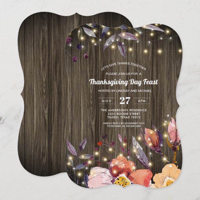 Barn Wood String Ljus Blommigt Thanksgiving Feast Inbjudningar (Fram/baksida)