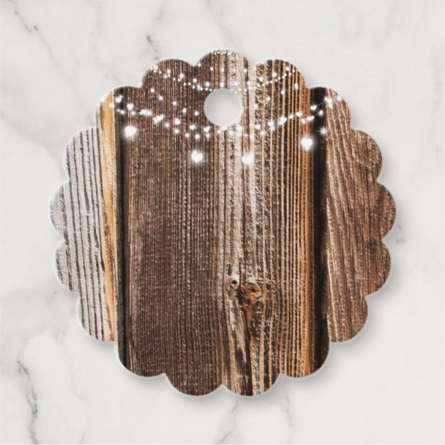 Barn Wood & String Ljus Rustic Landsbyggsbröllop Gåvor Etiketter (Framsida)