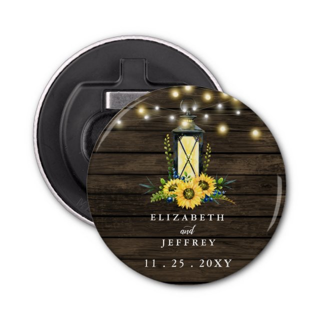 Barn Wood String Ljus Solblommor Bröllop Flasköppnare (Framsidan)