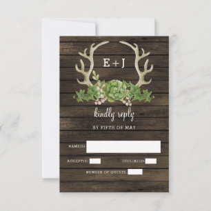 Barn Wood Succulent Antlers Land Chic Bröllop OSA Kort