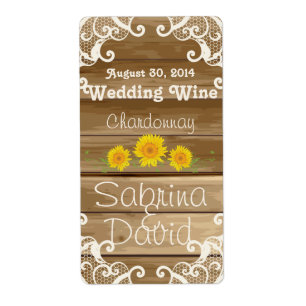 Barn Wood Sunblommor och Vintage Snöre Vin-etikett Fraktsedel