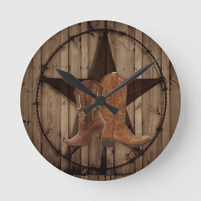 Barn Wood Texas Star westerna land cowboystövlar Rund Klocka (Framsida)