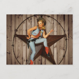 Barn Wood Texas Star westernare land Cowgirl Vykort
