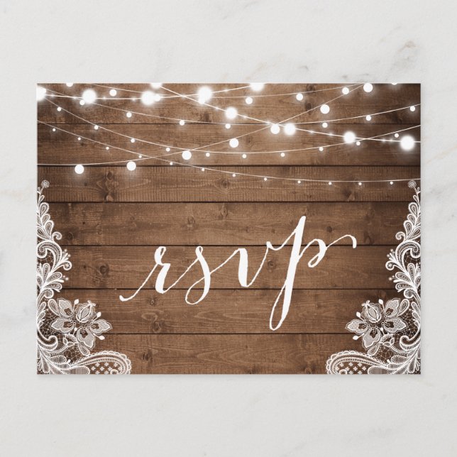 Barn Wood Twinkle Ljus Snöre Rustic Bröllop OSA Inbjudan Vykort (Framsida)