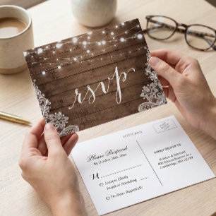 Barn Wood Twinkle Ljus Snöre Rustic Bröllop OSA Inbjudan Vykort
