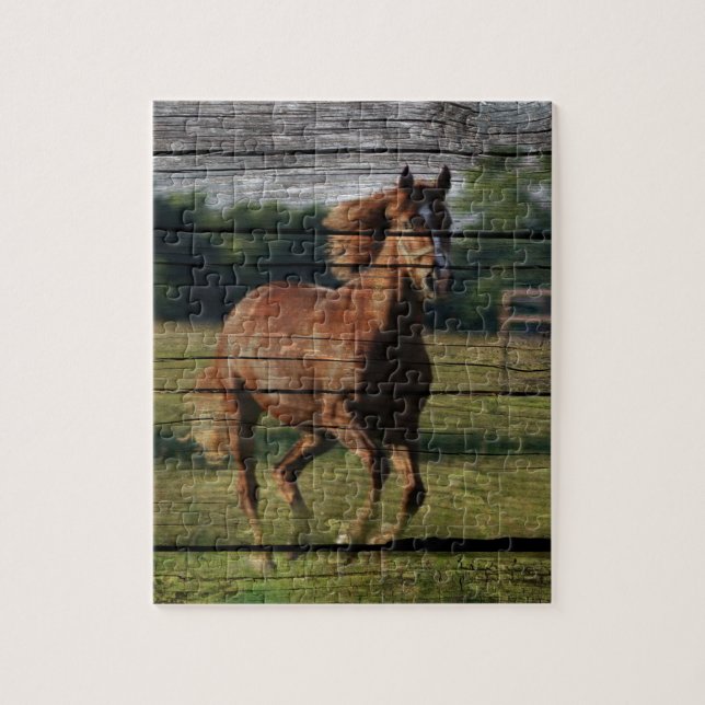 Barn Woodgrain Land Ranch Galloping Brown Horse Pussel (Vertikal)