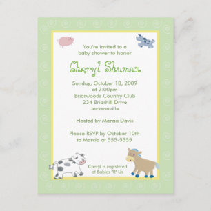 Barn Yard Boskap Grönt Swirl Baby Shower Inbjudningar