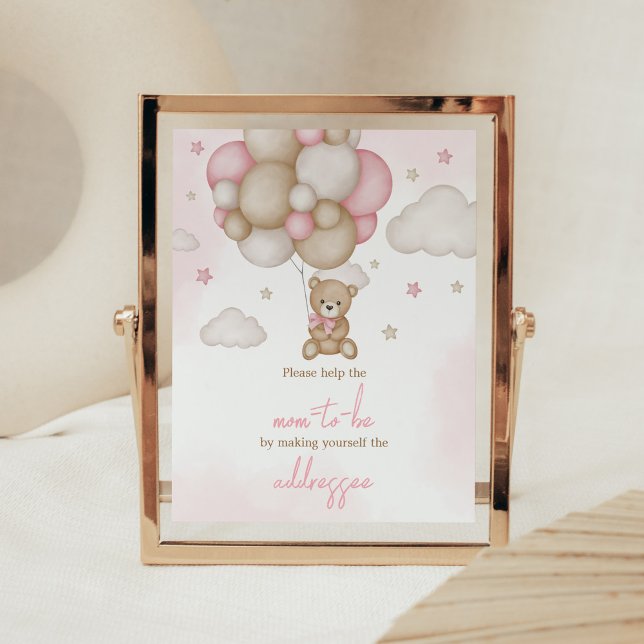 Barnbabykuvert för björnbjörn Station Poster (Pink Boho Bear Balloon Baby Shower Envelope Station Sign)