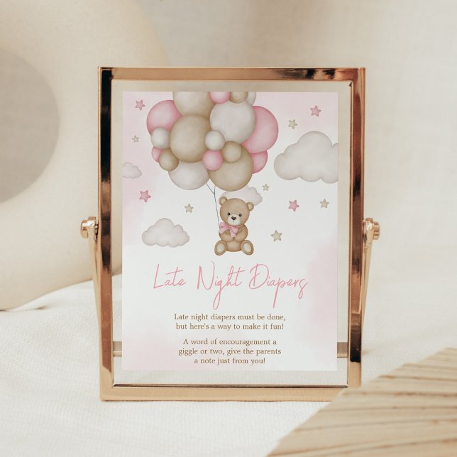 Barnbabyskor för björnbjörn Sent Natt Diables Poster (Pink Boho Bear Balloon Baby Shower Late Night Diapers Sign)