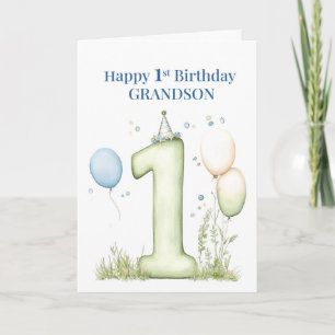 Barnbarn 1-årsdag Blå Ballong Nummer Ett Kort