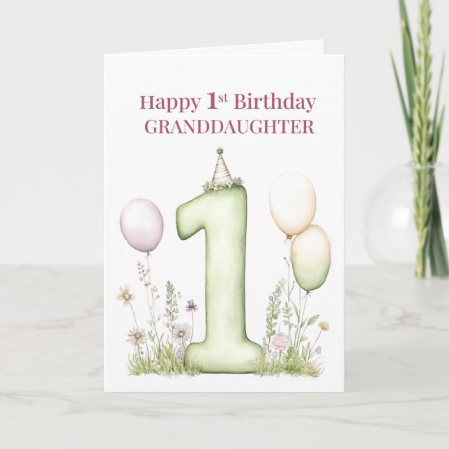 Barnbarn 1-årsdag Rosa Ballong Nummer Ett Kort (Framsida)