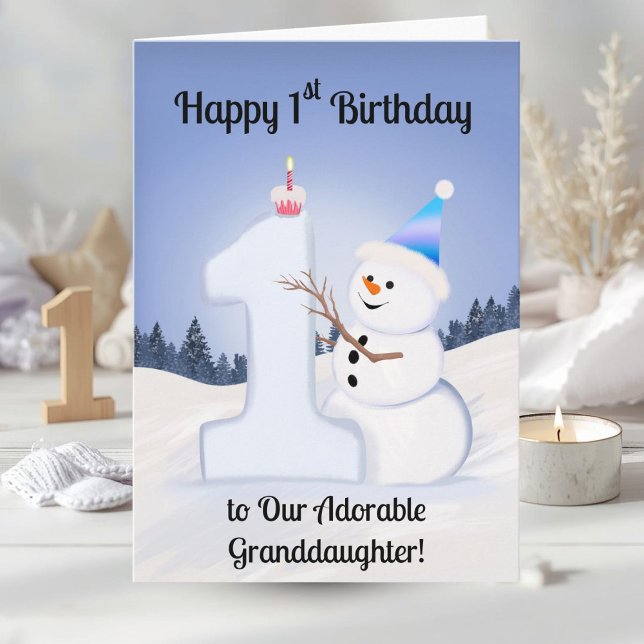 Barnbarn Glad 1-årsdag Snöman Byggnad Kort (Skapare uppladdad)
