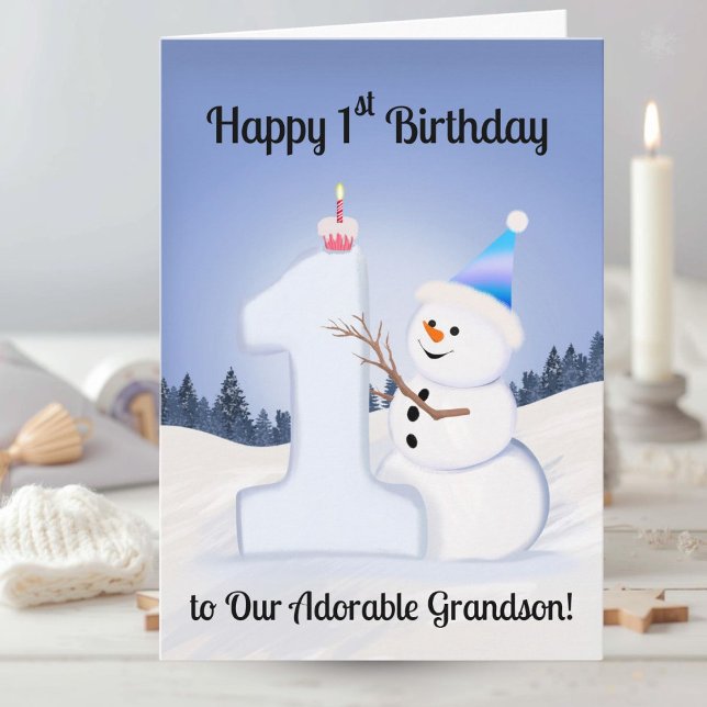 Barnbarn Glad 1-årsdag Snömannen bygger en Kort (Skapare uppladdad)