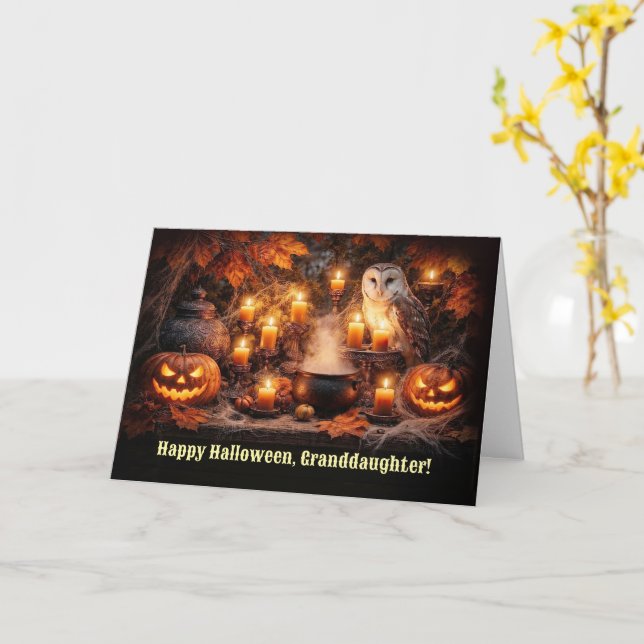 Barnbarn Glad Halloween Ugglor och pumpor Kort (Gul blomma)