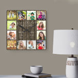 Barnbarn gör en storoffert 12 fototräff fyrkantig klocka<br><div class="desc">Fotoklocka för morföräldrar med 12 av dina favoriter bilder. Skapa ditt eget rutnätsfoto för stil och lägg till barnbarnbarnbarnens namn (2 till 8 namn ser bäst ut). Citatet lyder "barnbarn gör livet stort" och avslutas med ett kärlek-hjärta. Designen är skriven i handskriven och visuell typografi på en rustik land-träbakgrund. Fotomallen...</div>