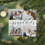 Barnbarn gör livet stort | 8 Mini Photo Julgransprydnad Keramik<br><div class="desc">Skapa en söt gåva till en älskad mormor eller morfar med detta vackra kollage fotoornament. "Barnbarn gör livet stort" visas i mitten i svart kalligrafskrift. Anpassa med 8 rektangulära mini-bilder av barnbarnen och lägg till deras namn och året i bakgrunden.</div>