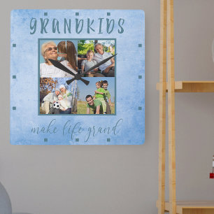 Barnbarn gör livet till Grand 4 Photo Blue Fyrkantig Klocka