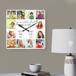 Barnbarn Gör livets storoffert 12 fotovit Fyrkantig Klocka<br><div class="desc">Fotoklocka för morföräldrar med 12 av dina favoriter bilder. Skapa ditt eget rutnätsfoto för stil och lägg till barnbarnbarnbarnens namn (2 till 8 namn ser bäst ut). Citatet lyder "barnbarn gör livet stort" och avslutas med ett kärlek-hjärta. Designen är skriven i handskriven och vismisk typografi med en svart och vit...</div>