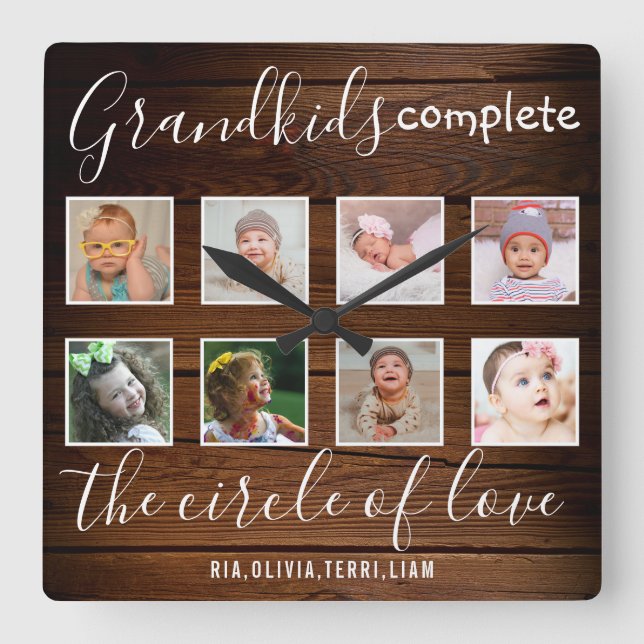Barnbarn Kärlek-citat 8 Photo Collage Rustic Wood Fyrkantig Klocka (Framsida)