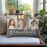 Barnbarn Make Life Grand 3 Photo Collage Grått Lumbarkudde<br><div class="desc">Den här lumbarkuddedesignen är en tankfull gåva till mor- och farföräldrar och innehåller en 3-fotomall som kan anpassas till barnbarnbarnens foton. En kombination av modernt handskript i kombination med ett modernt sans serif-teckensnitt visar "barnbarn gör livet stort!" Bakgrunden är ett trendig grått som har en mysigt vibe. Skapa varaktiga minnen...</div>
