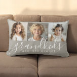 Barnbarn Make Life Grand 3 Photo Collage Lumbarkudde<br><div class="desc">Den här lumbarkuddedesignen är en tankfull gåva till mor- och farföräldrar och innehåller en 3-fotomall som kan anpassas till barnbarnbarnens foton. En kombination av modernt handskript i kombination med ett modernt sans serif-teckensnitt visar "barnbarn gör livet stort!" Bakgrunden är en neutralt taupe beige som har en mysigt vibe. Skapa varaktiga...</div>