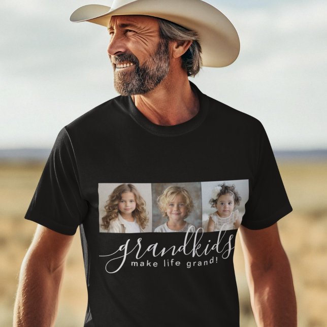 Barnbarn Make Life Grand 3 Photo Collage T Shirt (A great gift idea for Grandpa, personalize this tshirt with 3 of your selected photos.)