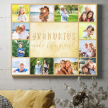 Barnbarn Make Life Grand Neutralt Beige 12 Photo Canvastryck<br><div class="desc">Omformad fotoarbetsyta med underbart citattecken från barnbarn. Fotomallen är konfigurerad så att du kan lägga till 12 av dina favoritfoton som visas som gräns runt morföräldrarna som säger. Ordalydelsen lyder "Barnbarn gör livet stort" i handskrivet, krångligt versalformat och elegantens manusstil. Utformningen har en neutralt beige och antikkrämbakgrund. En underbar gåva...</div>