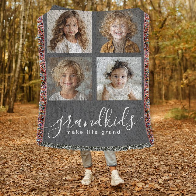 Barnbarn Make Life Grand Photo Collage Grått Filt (A great gift idea for Grandparents, personalize with any 4 photos.)
