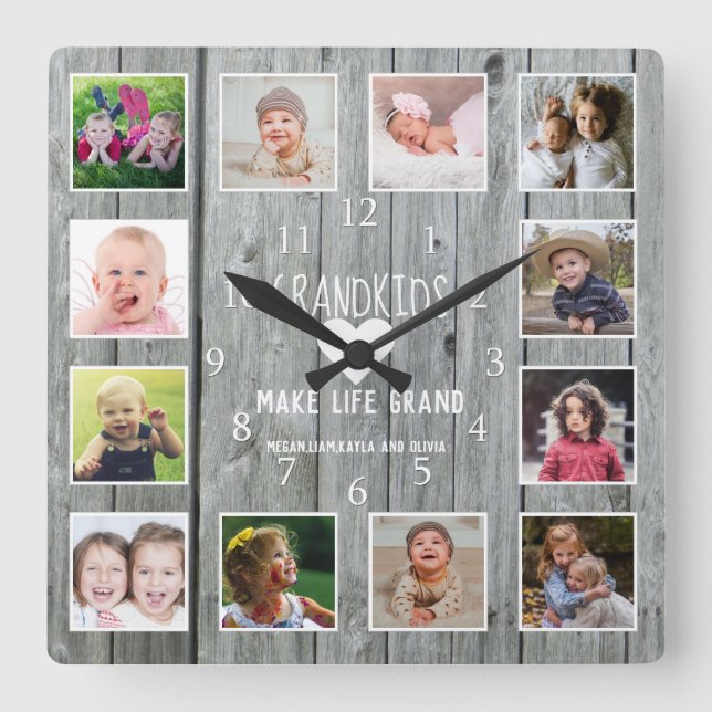 Barnbarn Make Life Grand Quote Grått Wood 12 Photo Fyrkantig Klocka (Framsida)