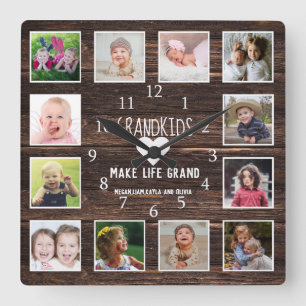 Barnbarn Make Life Grand Quote Photo Collage Wood Fyrkantig Klocka